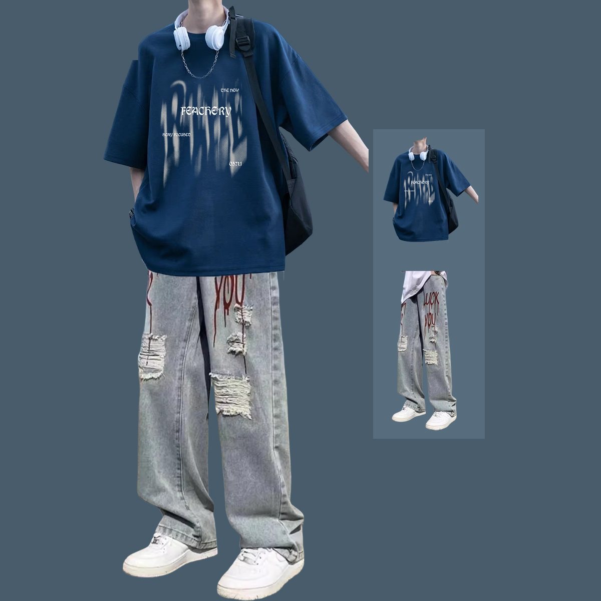 夏季短袖t恤套装潮流男装一套休闲学生搭配高街牛仔裤帅气两件套,男装,时尚套装,淘宝优惠券,粉丝福利购,淘宝优惠卷
