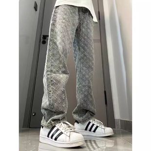 满印碎花牛仔裤男秋冬款美式高街drill裤子潮牌痞帅炸街微辣喇裤