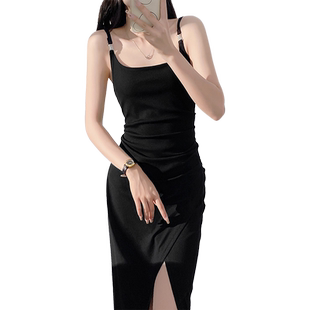 大码针织吊带连衣裙女2025新款裙子胖mm显瘦包臀性感开叉长裙夏季