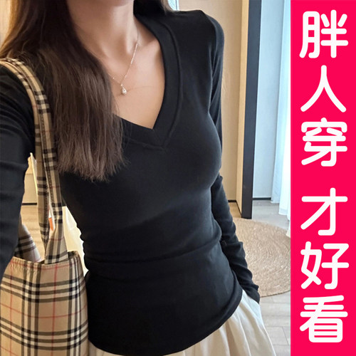 大码v领长袖t恤女内搭打底衫上衣