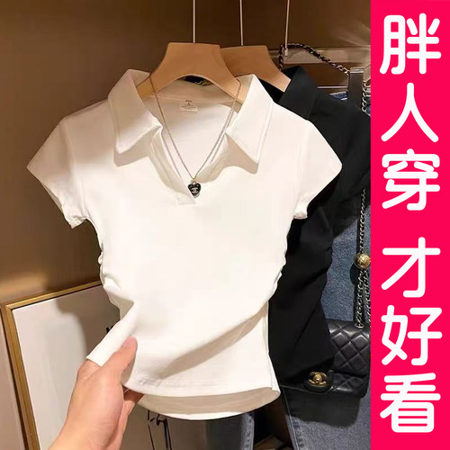 大码短袖T恤polo领纯棉上衣胖mm