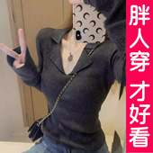 内搭毛衣长袖 大码 上衣胖mm秋冬 女2025新款 修身 Polo领针织衫 打底衫