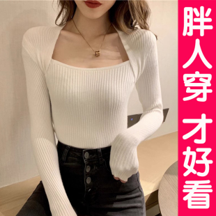 毛衣胖mm 女秋冬洋气内搭露锁骨气质上衣针织衫 大码 白色方领打底衫