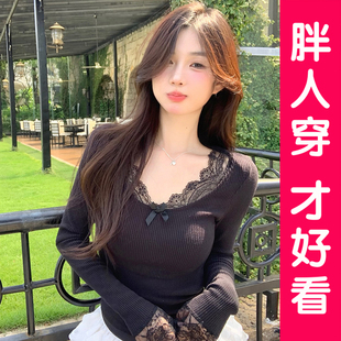 大码胖mm清纯蕾丝拼接针织上衣女秋冬纯欲内搭显瘦修身毛衣打底衫
