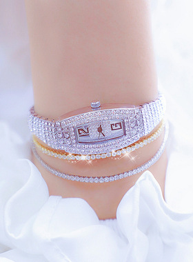 2023年新款正品BS品牌手表女时尚潮流满钻小巧酒桶型轻奢防水女表