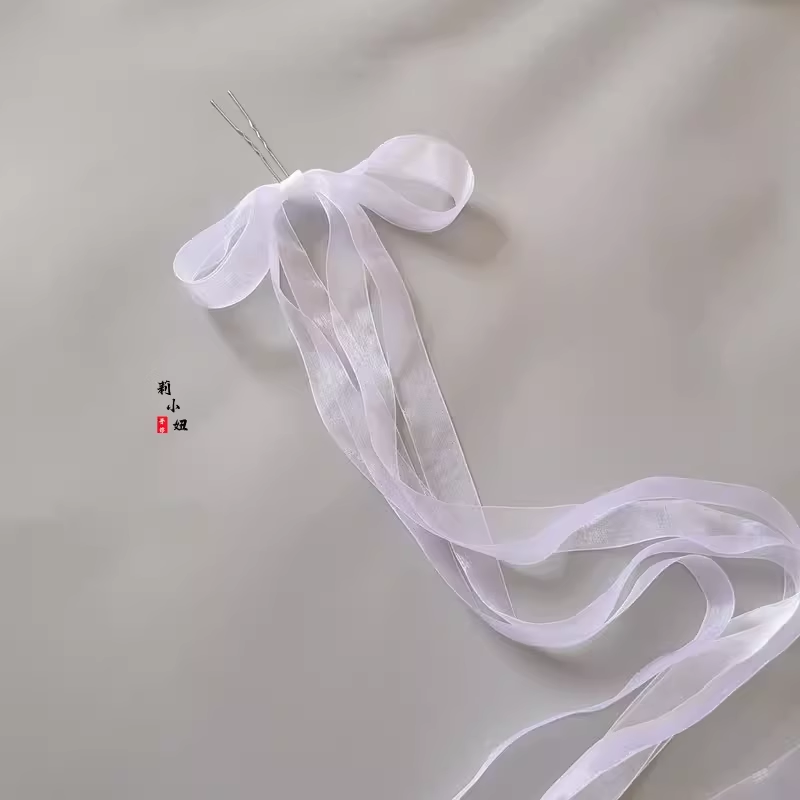 汉服配饰古风超仙后压发带绢纱自绑简约蝴蝶结长飘带白色日常头饰