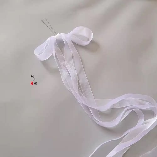 汉服配饰古风超仙后压发带绢纱自绑简约蝴蝶结长飘带白色日常头饰