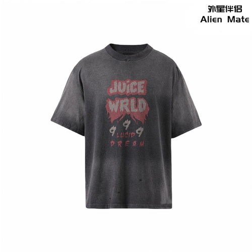 外星伴侣Juice WRLD 25SS复古火焰字体印花水洗做旧短袖T恤
