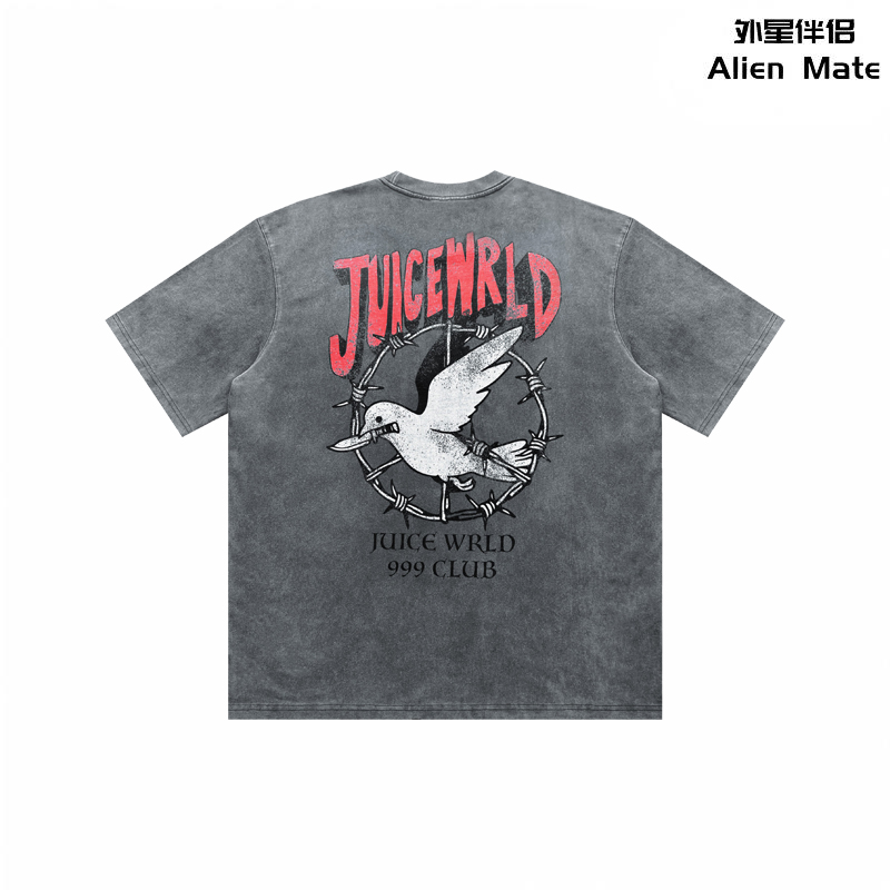 外星伴侣Juice WRLD 24SS藤蔓鸽子水洗做旧圆领印花短袖T恤