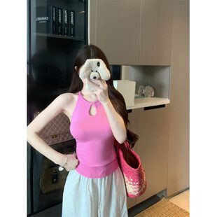 宅女家辣妹风水滴形镂空针织挂脖背心女装夏季修身显瘦纯色上衣