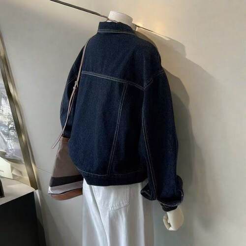 秋装新款深蓝色短款牛仔外套韩版休闲口袋设计感工装风显瘦上衣