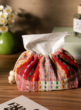 新款民族风几何图案织物纸巾盒台面式家用车载手工编织抽绳纸巾包