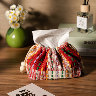 新款民族风几何图案织物纸巾盒台面式家用车载手工编织抽绳纸巾包