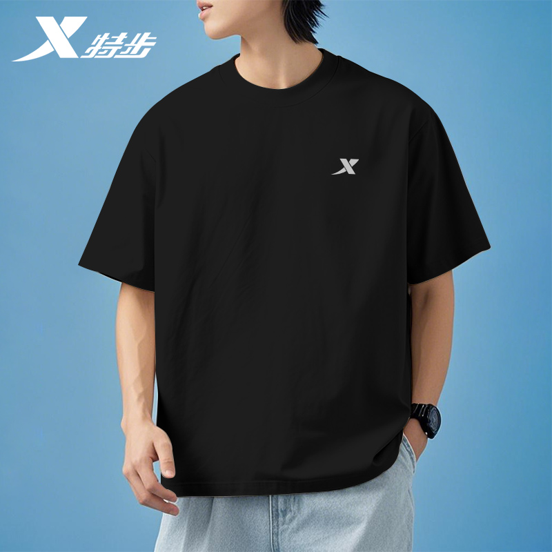 特步纯棉短袖男2025夏季新款t恤半袖宽松黑色休闲上衣夏天体恤衫