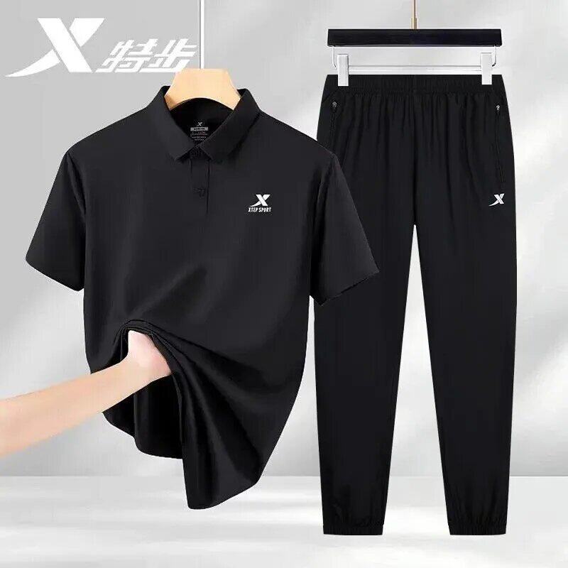 特步polo衫短袖运动套装男中年爸爸夏季透气正品休闲速干T恤长裤
