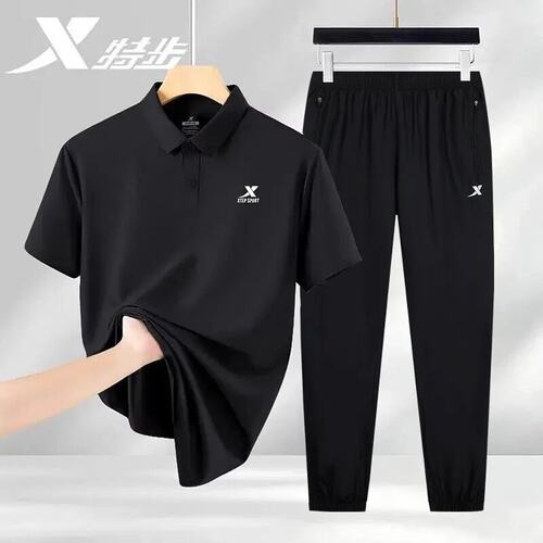 特步polo衫短袖运动套装男中年爸爸夏季透气正品休闲速干T恤长裤