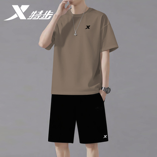 特步冰丝运动套装男款棕色夏季凉感运动服官方旗舰店正品短袖短裤