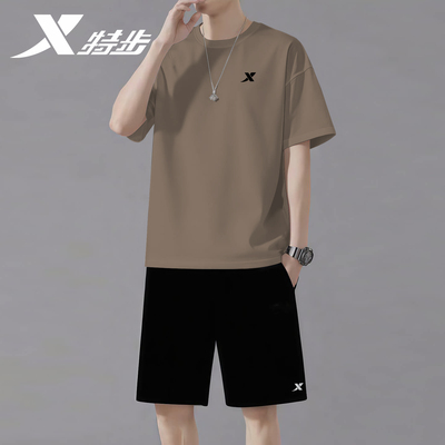 特步冰丝运动套装男款棕色夏季凉感运动服官方旗舰店正品短袖短裤