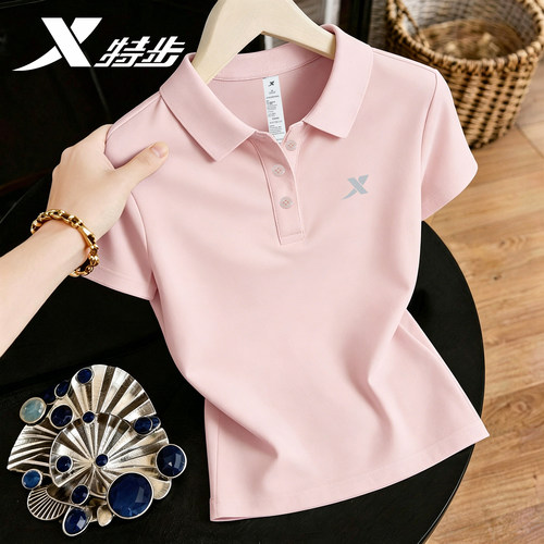 特步夏季polo衫女款短袖正肩纯色翻领T恤正品透气休闲运动速干衣