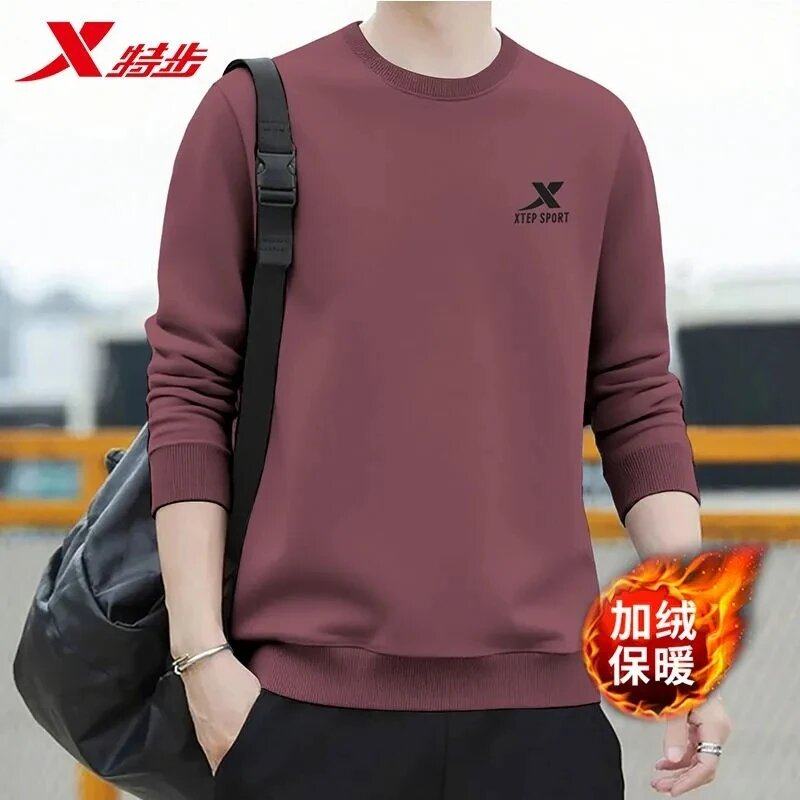 特步酒红色卫衣男款加绒加厚冬季保暖长袖圆领无帽内搭休闲运动服,运动服/休闲服装,运动卫衣/套头衫,淘宝优惠券,粉丝福利购,淘宝优惠卷
