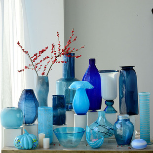饰花瓶蓝色系桌面摆件干花插花玻璃工艺花器艺术品 创意家居水培装