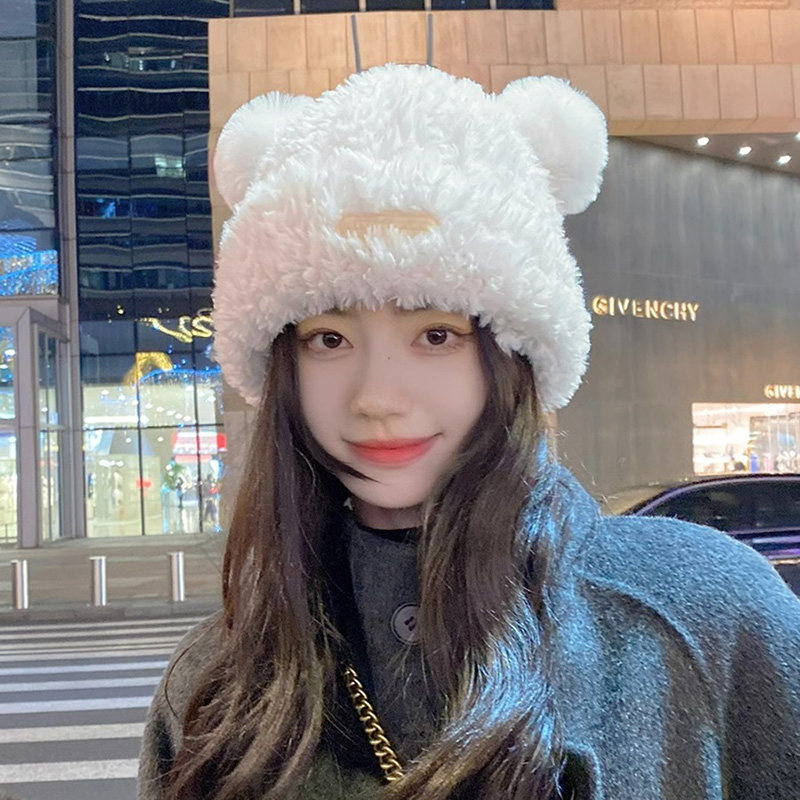 可爱小熊毛绒绒针织帽子女冬季加厚保暖套头帽仿皮草大头围毛线帽