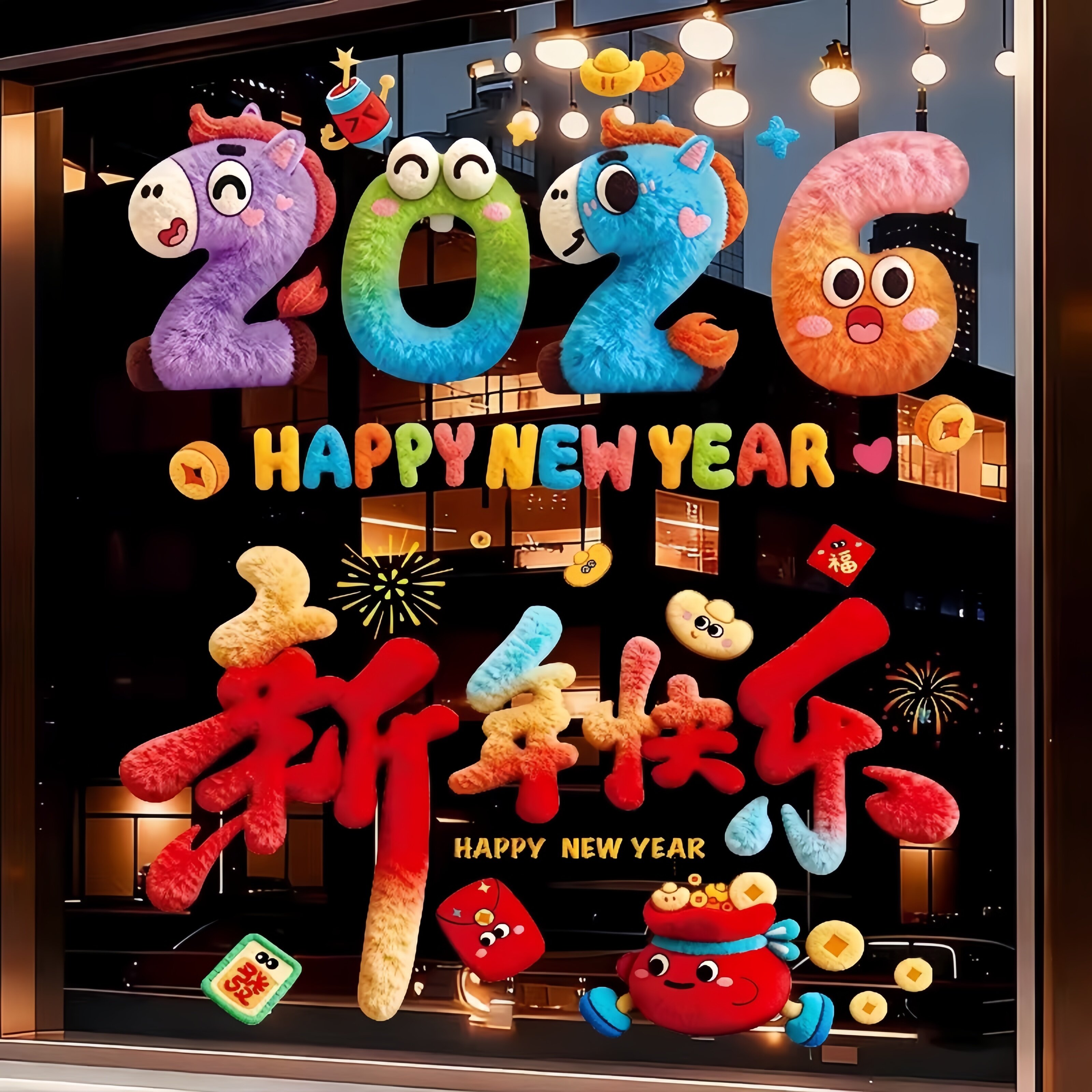 马年装饰窗花2026新款5D毛绒静电玻璃贴过年春节氛围布置橱窗贴纸