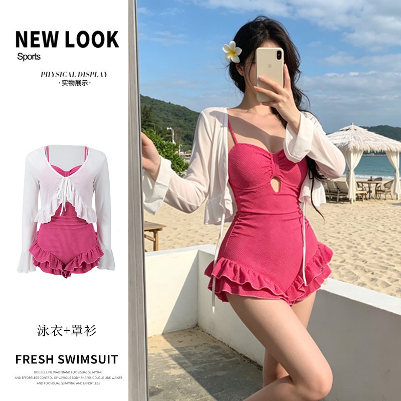 泳衣女连体两件套大码胖mm韩版ins少女小胸聚拢甜美度假防晒外搭