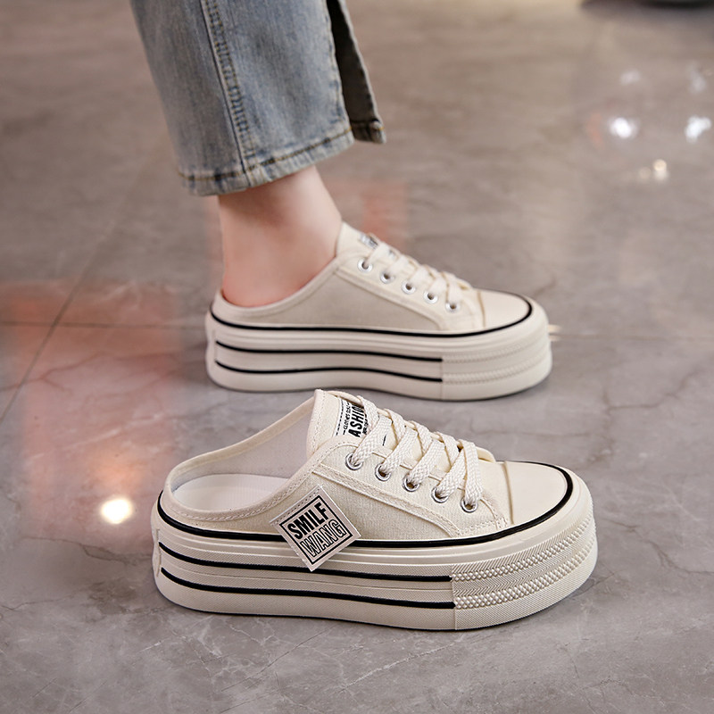 帆布半拖鞋女夏季外穿2026新款网红爆款高级感厚底增高无后跟懒人