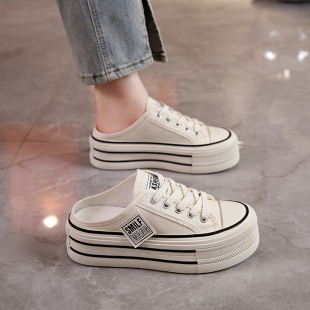 帆布半拖鞋女夏季外穿2026新款网红爆款高级感厚底增高无后跟懒人