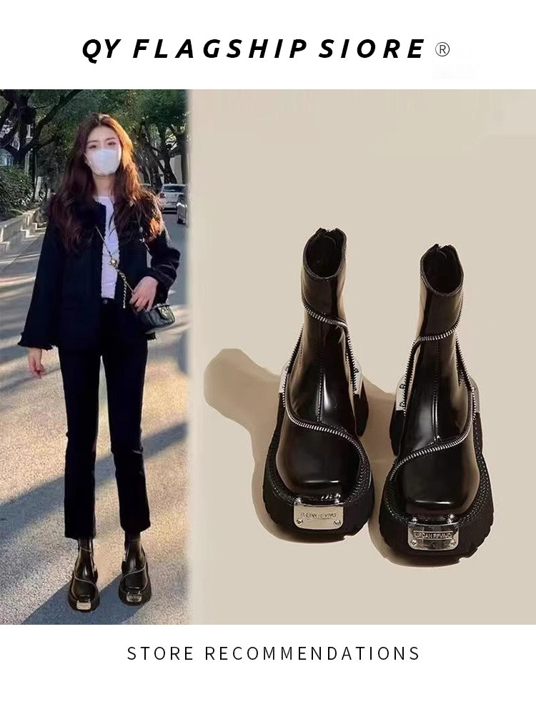 여성을위한 두꺼운 밑창 마틴 부츠 2024 가을 겨울 여성을위한 새로운 영국 스타일 스퀘어 발가락 캐주얼 첼시 부츠 레트로 오토바이 짧은 부츠