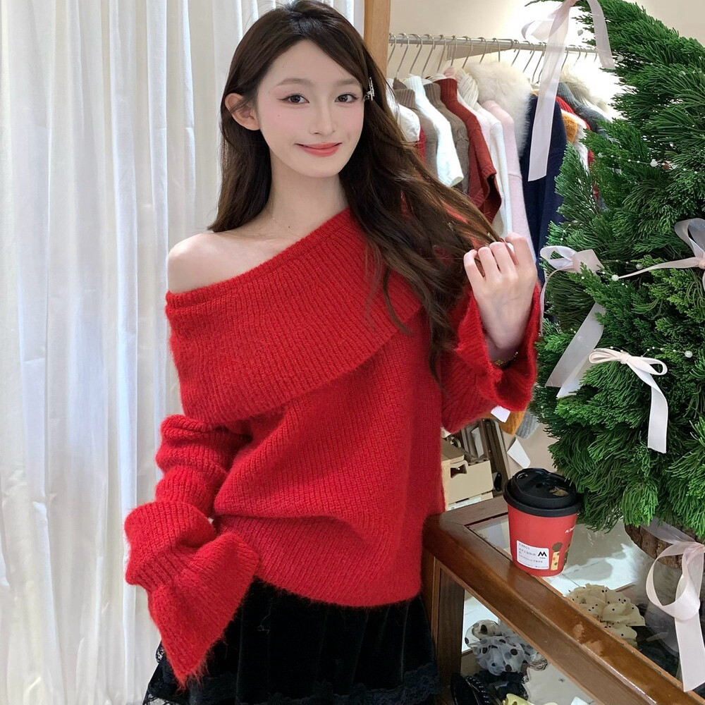 今年流行的女装超好看红色一字肩独特漂亮毛衣毛线衣针织衫上衣,女装/女士精品,毛衣,淘宝优惠券,粉丝福利购,淘宝优惠卷