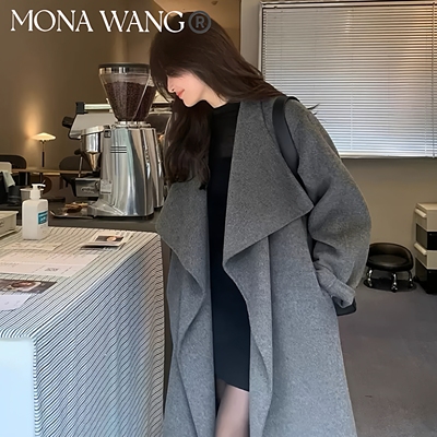 MONAWANG羊毛大衣女双面羊绒大衣设计感系带收腰毛呢大衣2025秋冬