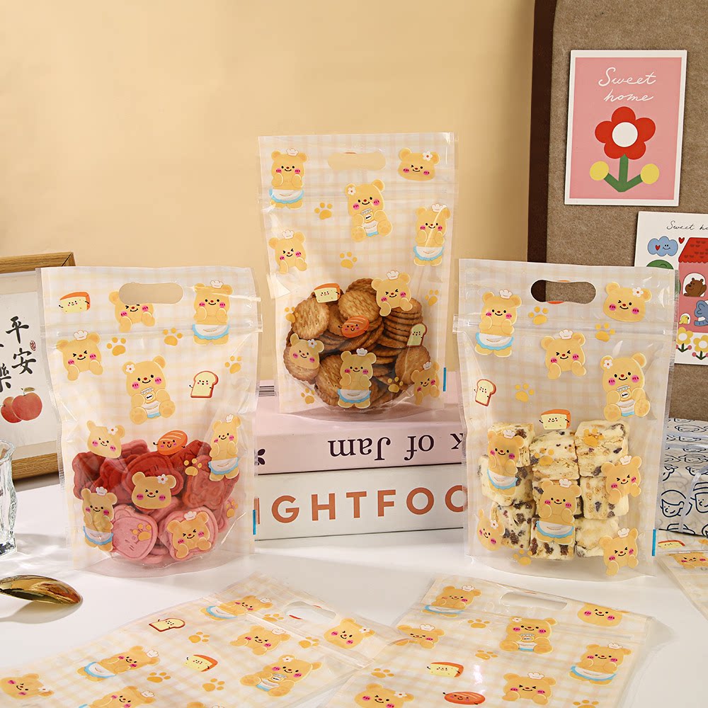 新款可爱小熊雪花酥自封包装袋创意零食糖果食品自立袋拉链密封袋