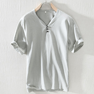 夏季男亚麻短袖T恤V领纽扣棉麻半袖衫文艺青年休闲体恤衫外搭小衫