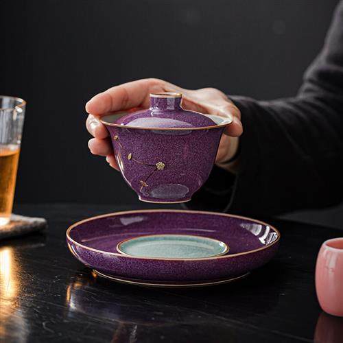 定制 单个女功夫茶具冰裂釉开片大号三才泡茶碗 紫钧窑斗方杯配件