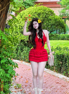 sweetie meme夏日海边沙滩出游红色挂脖高腰蛋糕半身裙套装辣妹