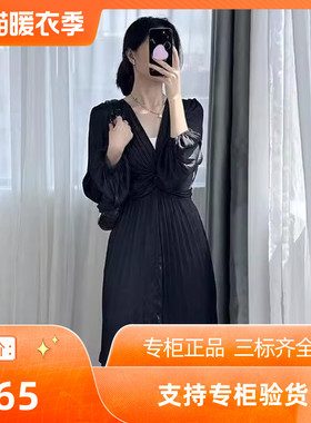 maSande2023法式气质收腰扭结百褶黑色连衣裙MFPRO03092