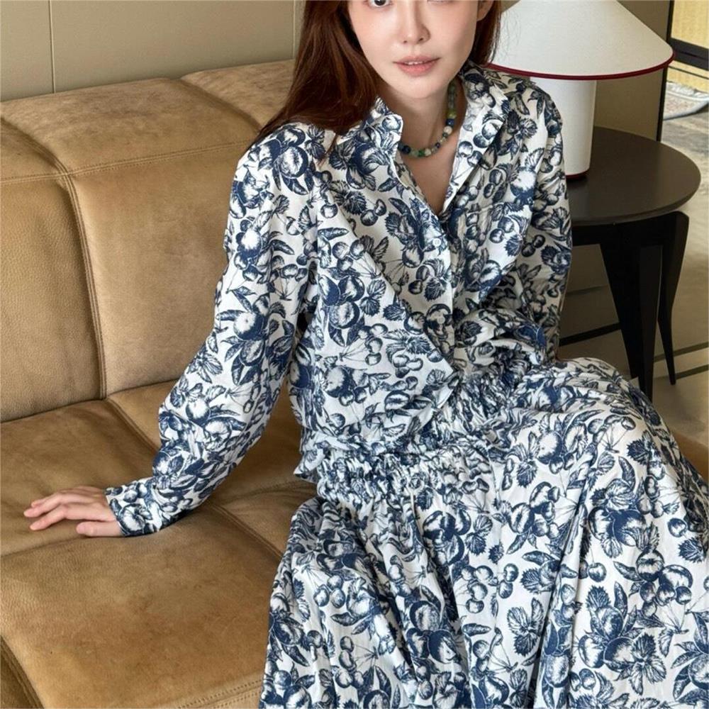maSande2025早秋新款女装时尚衬衫青瓷印花纯棉长袖上衣MFPCM0066