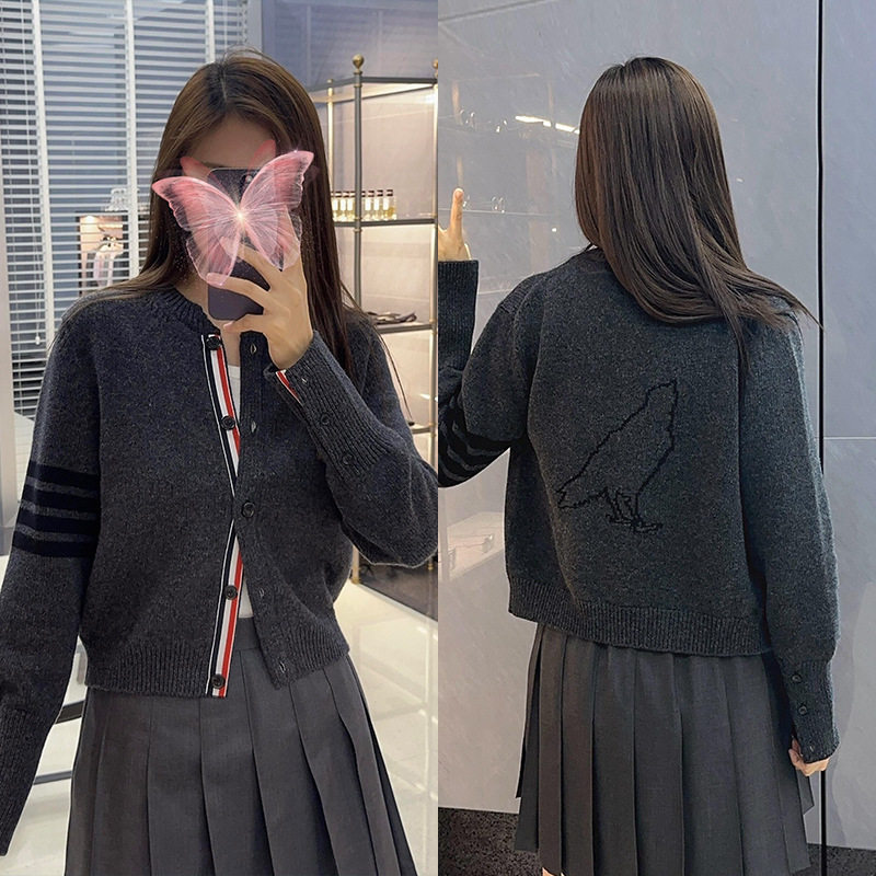 maSandeTB四道杠学院风后背小鸟刺绣针织开衫女2024秋季新款百搭