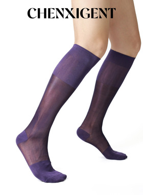 尘禧绅士正装紫色素面及膝高筒欧美纯色透气筒锦纶西装高筒丝袜