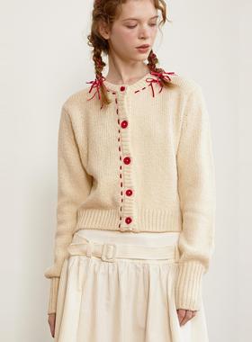 En blanc.ligne crème原创设计奶白色丝绒蝴蝶结针织短开衫