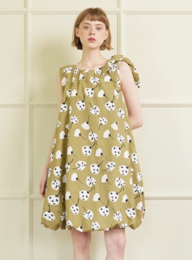 En blanc.ligne crème 泡泡木棉印花系结连衣裙