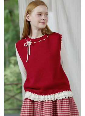 En blanc.原创设计勾线系带蝴蝶结针织背心