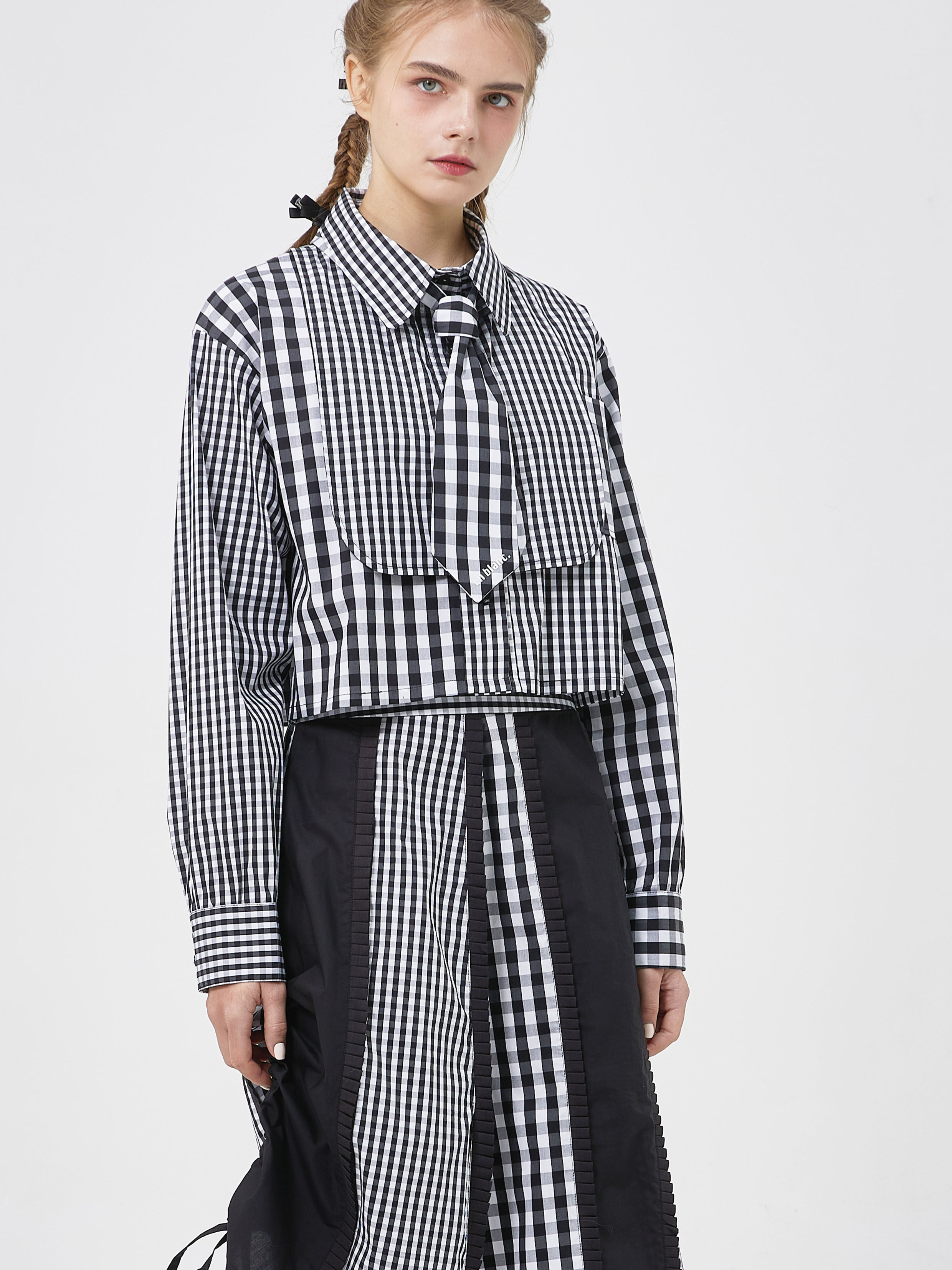 原创设计黑白格纹拼接领带短衬衫