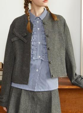 En blanc.ligne crème原创设计彩色深灰蝴蝶结装饰毛呢短夹克