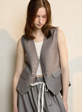 En blanc.ligne crème 原创设计拼色系带马甲