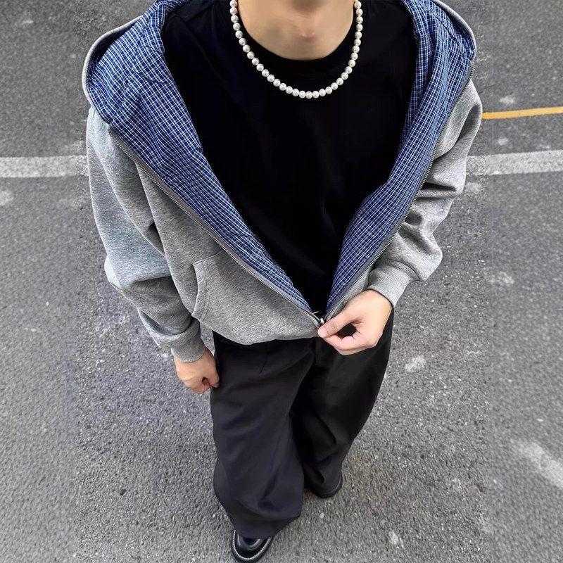 Cleanfit双面穿格子连帽开衫卫衣