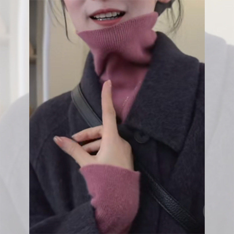 法式粉色羊绒高领长袖针织衫女秋冬季毛衣打底衫修身短款内搭上衣