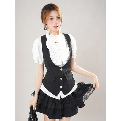 【古着爱好者】夏季新款文艺复古私设衬衫+短裙+马甲三件套